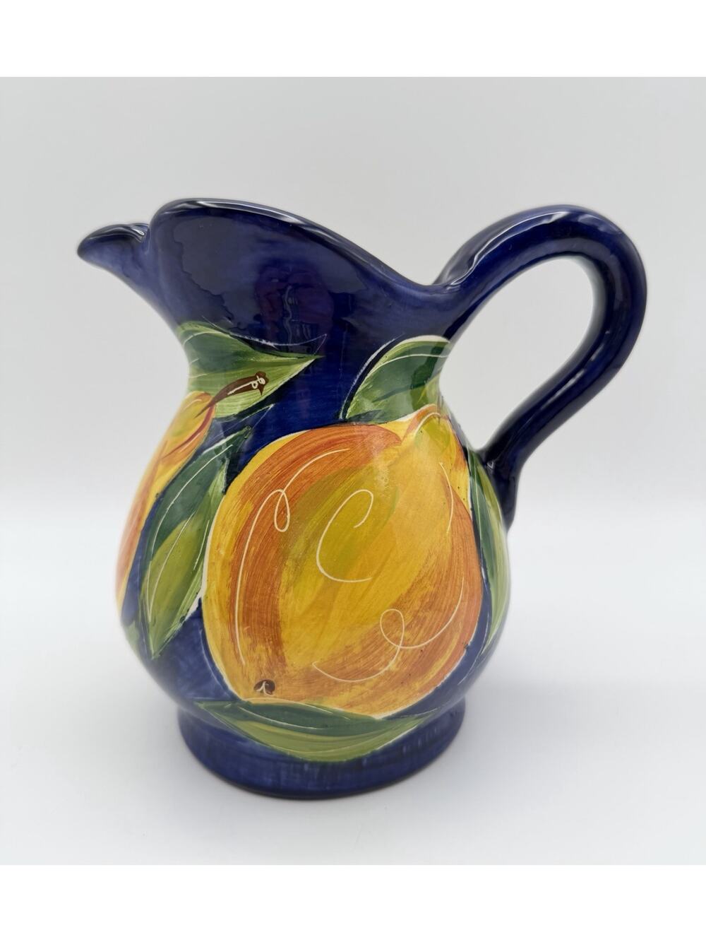 Mystic Mud Studio Pottery Hand Painted Pitcher with Pears 6” Vintage Signed 2004